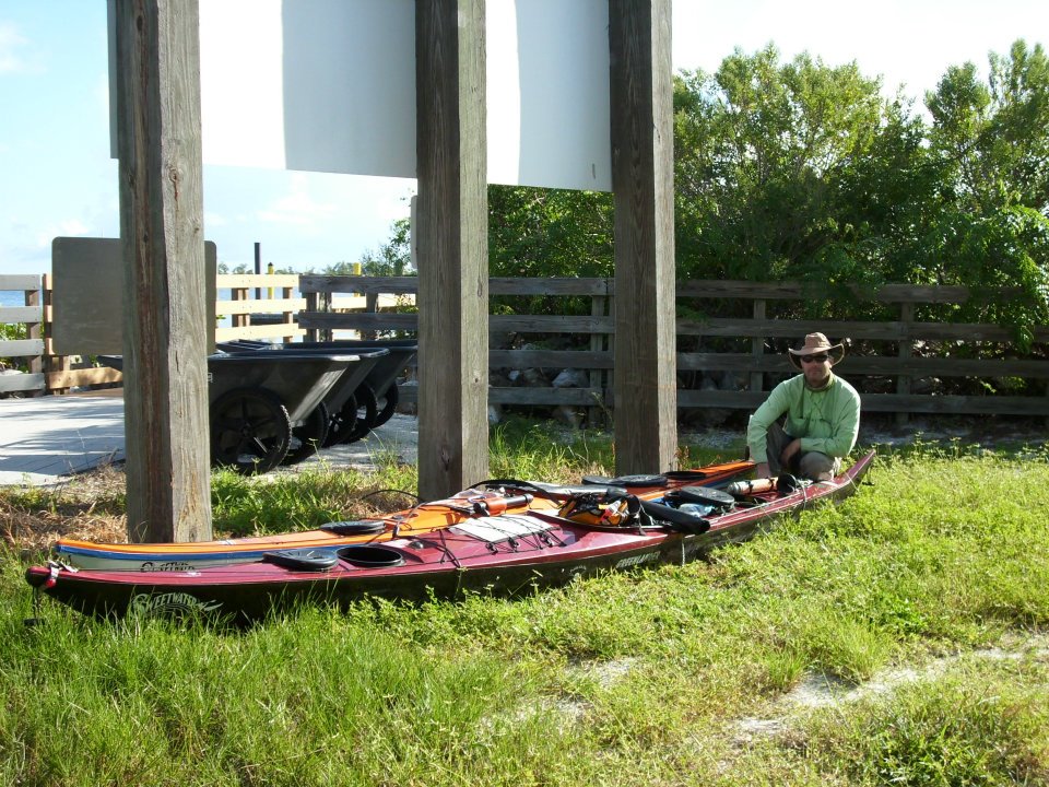 Jeff Fabiszewski beside a fully loaded sea kayak at Cayo Costa State Park during the September 2011 Great Calusa Blueway Paddling Trail expedition in southwest Florida.